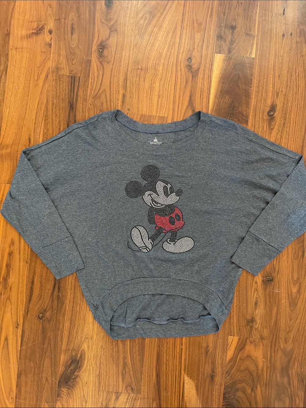 Disney Mickey Mouse Rhinestone Graphic Top Gray Long Sleeve XL High Low Hem
